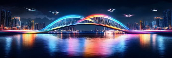 Poster - futuristic city at night with a giant bridge that glows in neon colors and connects two high-rise buildings