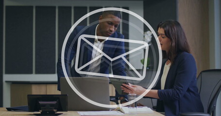 Poster - Image of email icon and data processing over diverse business people in office