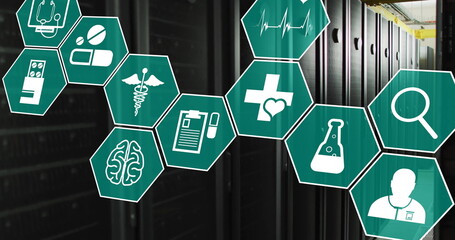 Poster - Image of medical icons and data processing over computer servers