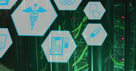 Poster - Image of medical icons and data processing over computer servers