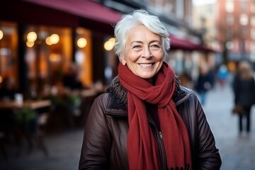 Wall Mural - Portrait of a happy senior woman with red scarf in the city