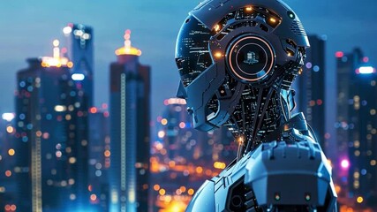 Fototapete - A detailed humanoid robot stands against a vibrant city skyline at night, illuminated by colorful lights and a bustling atmosphere. The robot's design reflects advanced technology and innovation.