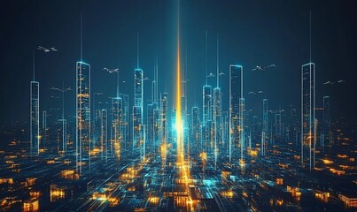 Fototapete - Futuristic cityscape at night with glowing skyscrapers and flying vehicles.