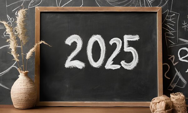 Happy New Year Greetings 2025 on black board , Generative AI