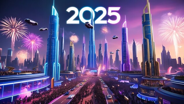 Happy New Year 2025. New Year's Eve Party background banner greeting card illustration with text. Golden fireworks in the night sky, cityscape buildings. 2025 neon glowing text. AI generated