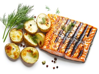 Wall Mural - Grilled salmon fillet with roasted potatoes and fresh dill, ideal for a healthy meal.