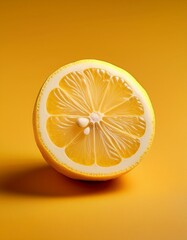 Wall Mural - Juicy lemon slice on vibrant yellow background.  Zesty and refreshing!