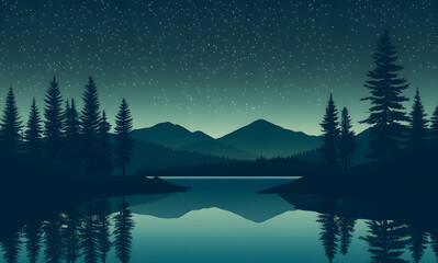 Wall Mural - a flat vector illustration of a night sky with stars, a forest, and mountains in the background, using simple shapes and a green-blue color palette, with low details and a flat design style.