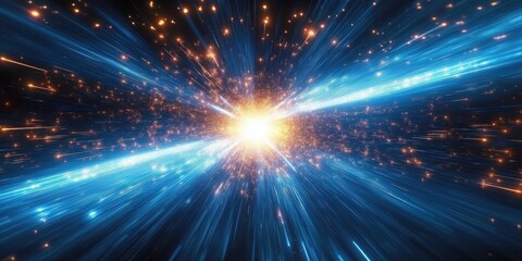 Poster - Futuristic Light Tunnel with Intense Blue and White Light Beams Motion Speed and Energy