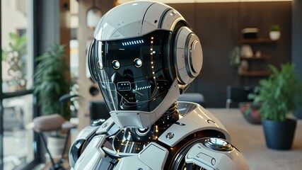 Poster - A cutting-edge robot stands in a sleek, modern real estate office, exemplifying advanced artificial intelligence technology, providing assistance, and interacting with potential clients.