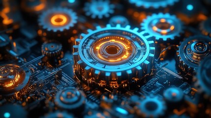 Aufkleber - Interconnected Gears and Circuitry Representing Technology Business Synergy and Process Efficiency