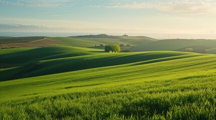 Poster - A view of a rolling green field with a cargo ship in the distance representing the connection between agricultural production and global trade and the influence of transportation