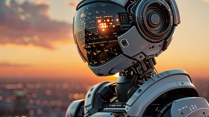 Leinwandbilder - A sleek AI robot stands poised against a vibrant sunset, overlooking a bustling city. The skyline is illuminated with twinkling lights, showcasing a futuristic atmosphere.