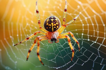 detailed close-up of a spider on its web glistening in soft sunlight displaying intricate patterns and textures