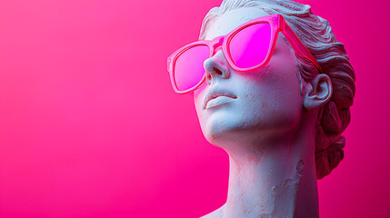 Fototapete - Stylish sculpture wearing vibrant pink sunglasses against a vivid background with contrasting colors