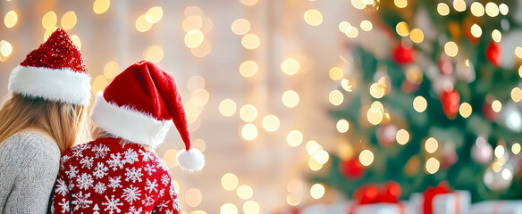 Poster - Families enjoy a cozy moment by a beautifully decorated Christmas tree during the holiday season
