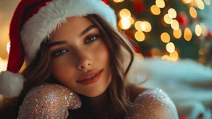 Poster - Holiday celebration with joyful young woman in Santa hat by decorated Christmas tree