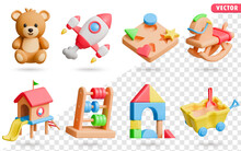Kids Toys 3D Vector Icon Set: Teddy Bear, Toy Rocket, Shape Sorter Puzzle, Rocking Horse, Playhouse with Slide, Abacus, Geometric Building Blocks, Sand Cart with Shovel.