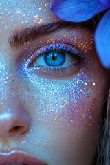 Aufkleber - Close-up portrait of a young woman with shimmering blue glitter and flower detail by her eye