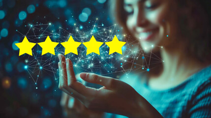 Poster - Woman gesturing five stars with glowing connections in a digital environment