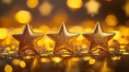 Fototapete - Three golden stars shine bright against a sparkling background of warm bokeh lights at a festive celebration