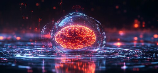 Fototapete - Fiery brain inside a glowing sphere, digital art.