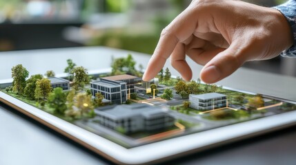 Poster - A close-up of a tablet displaying augmented reality (AR) real estate listings, with a hand reaching towards a highlighted property, representing the future of real estate investment technology.