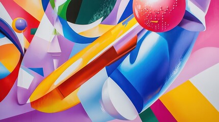 Poster - an abstract painting featuring bright colors and various shapes creating a dynamic visual impact, di