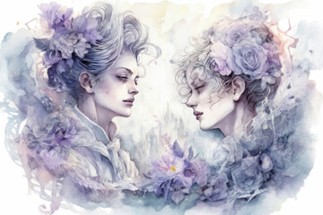 Poster - two female portraits made in watercolor technique. The women are facing each other, their images are surrounded by flowers and subtle curls, creating a light and airy effect. 