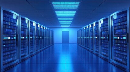 Poster - Cloud computing, big data storage, and internet telecommunications modern business concept: data center server room interior in blue light