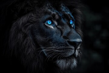 Majestic Black Lion with Blue Eyes in Dramatic Chiaroscuro Lighting Portrait