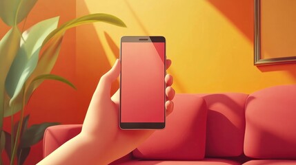 Poster - Hand holding mobile phone smartphone, augmented reality app, application for home furniture design,
