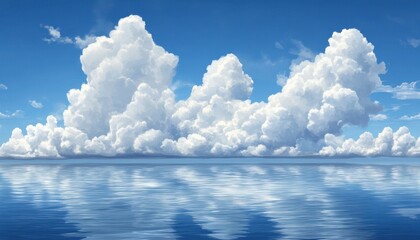 Naklejka na meble A serene seascape featuring fluffy clouds reflecting on calm water.