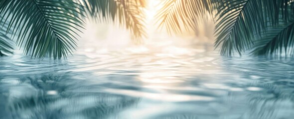 Poster - Water Surface Reflection of Palm Shadows and Leaves Soft Sunlight Relaxation Meditation Nature Pool