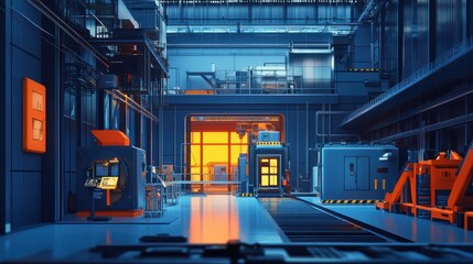 Poster - Modern hi-tech facility with automated line and AI-controlled robotic hands for hi-precision assembling of complex mechanisms. Industrial automation and conveyor systems in smart factory.