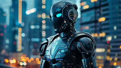Aufkleber - A sleek robotic figure is positioned against a backdrop of a bustling city, illuminated by bright lights.