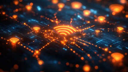 Poster - Futuristic Wireless Network Visualization with Glowing Wi-Fi Signals and Cyberpunk Style