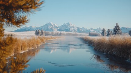 Poster - Calm river reflecting snow-capped mountains.