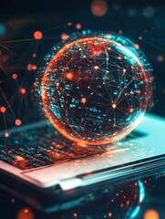 Poster - Close up of notebook with abstract globe sphere with coding and polygonal network. Future, technology and digital world concept. Double exposure