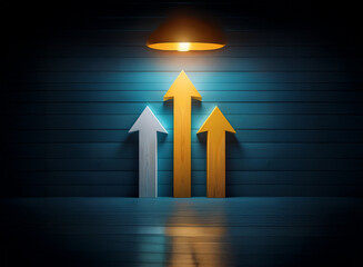 Aufkleber - three wooden arrows point upward, illuminated by a warm light against a dark blue backdrop. the scen