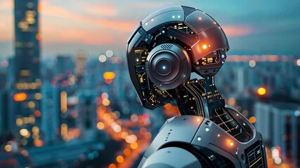 Poster - A humanoid robot stands on a rooftop, gazing over a bustling city illuminated by twilight. Skyscrapers and streets glow with lights, blending technology and urban living harmoniously.