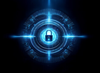 Poster - a glowing blue digital padlock at the center of a circular technological interface symbolizes cybers