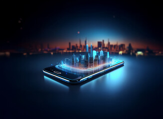 Poster - A futuristic cityscape, rendered in vibrant blue hues, hovers above a sleek, dark smartphone.  The scene evokes a sense of technological advancement and mobile connectivity.