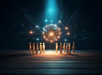 Poster - A glowing sphere, networked and illuminated, hovers above a circle of wooden figures.  It represents connection, global network, and community.