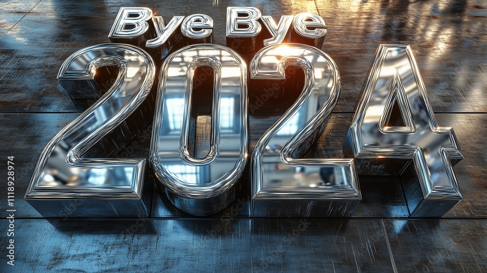 Bye Bye 2024 Realistic metal text 2024 with reflective surfaces ...
