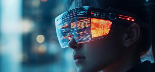 Fototapete - Woman wearing futuristic glasses with digital display.