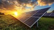© Galib - A large solar panel farm at sunset.