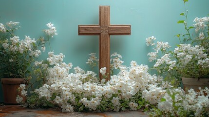 A wooden cross with white flowers on a light blue background, representing Christianity and faith