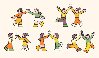 Small and cute friends are cheering each other on with high fives. outline simple vector illustration.