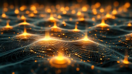 Fototapete - Abstract glowing network, digital wave, energy, light, particles.